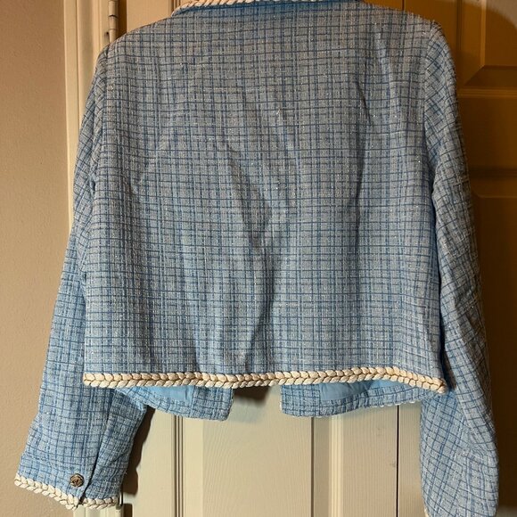 Woman's Sugarlips Light Blue Tweed Jacket Classic Cropped Blazer Large - Picture 3 of 3